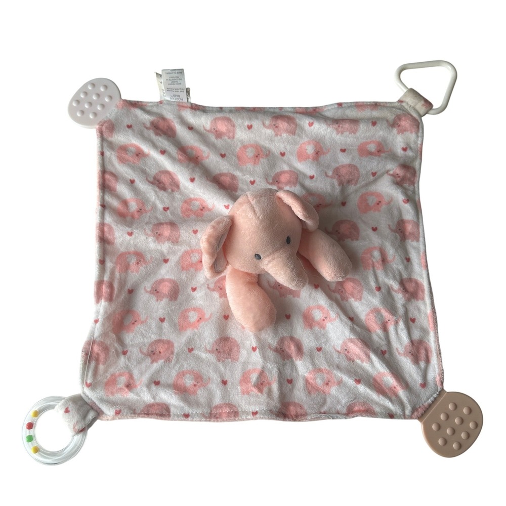 Modern Baby Pink Elephant Security Blanket Lovey with Teethers Rattle and Loop